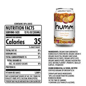 Humm Kombucha Mango Passionfruit, Organic, Vegan & GMO Free (12 Pack)