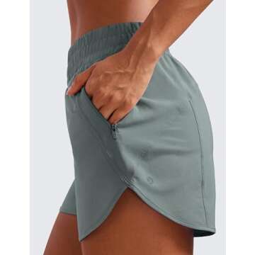 CRZ YOGA Womens High Waisted Running Shorts Mesh Liner 3'' Dolphin Quick Dry for Athletic Gym Track Workout with Zip Pocket Grey Sage Small