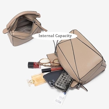 Womens Geometric Design Handbags, 9.6x4.1x6.7in Lychee Grain Crossbody Bag Mini Top Handle Bag for Mother's Day Gift (Khaki)