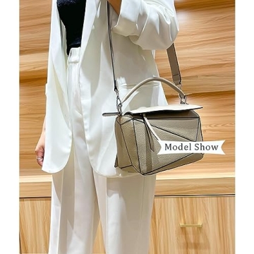 Womens Geometric Design Handbags, 9.6x4.1x6.7in Lychee Grain Crossbody Bag Mini Top Handle Bag for Mother's Day Gift (Khaki)