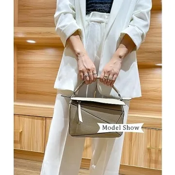 Womens Geometric Design Handbags, 9.6x4.1x6.7in Lychee Grain Crossbody Bag Mini Top Handle Bag for Mother's Day Gift (Khaki)