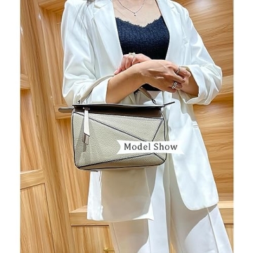 Womens Geometric Design Handbags, 9.6x4.1x6.7in Lychee Grain Crossbody Bag Mini Top Handle Bag for Mother's Day Gift (Khaki)