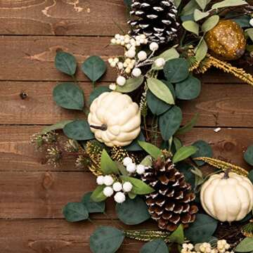 Valery Madelyn 24 inch Fall Wreath for Front Door, Autumn Harvest Wreath with White Pumpkin, Pine Cone, Berry Clusters, Eucalyptus Wreath for Table Centerpiece Home Decor Indoor Outdoor Thanksgiving