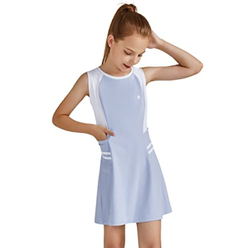 BALEAF Youth Girls Tennis Dress Golf Sleeveless Outfit School Sports Dress with Shorts Pockets Blue/...