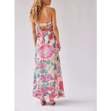 Women's Cute Summer Long Sun Dress Boho Floral Flowy Maxi Dress Y2k Spaghetti Strap Backless Beach Vacation Dresses Pink