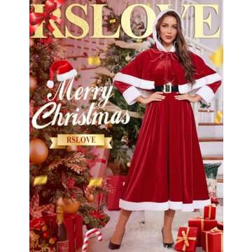 RSLOVE Christmas Dresses for Women - Mrs Claus Santa Costume with Removable Hooded Cape and Belt Hol...