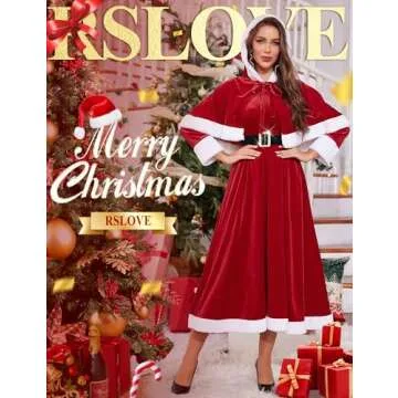 RSLOVE Christmas Dresses for Women - Mrs Claus Santa Costume with Removable Hooded Cape and Belt Hol...