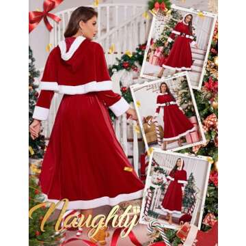RSLOVE Christmas Dresses for Women - Mrs Claus Santa Costume with Removable Hooded Cape and Belt Holiday Party Outfit Red Large