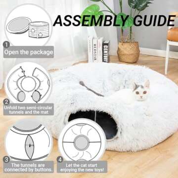 LUCKITTY Warm Fluffy Plush Cat Dog Tunnel Bed with Washable Cushion-Big Tube Playground Toys 3 FT Diameter Longer Crinkle Collapsible 3 Way, for Indoor Cat Kitty Kitten Puppy Rabbit Ferret White