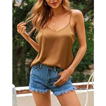 VIDUSSA Tops Tank Silk for Women Satin V Neck Cami Top Silk Camisole Loose Sleeveless Blouse Tank Shirt Khaki S