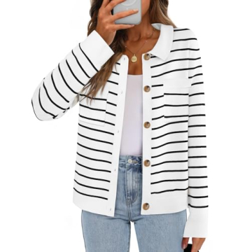 MEROKEETY Women's 2024 Fall Knit Striped Long Sleeve Sweater Open Front Cardigan
