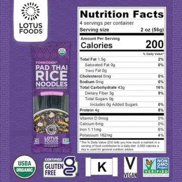 Lotus Foods Organic Forbidden Rice Pad Thai Noodles - Asian Style Noodles for Pho or Stir Fry, Gluten Free, Vegan, Whole Grain, Non GMO, Serve Hot or Cold - 8 Oz (Pack of 8)