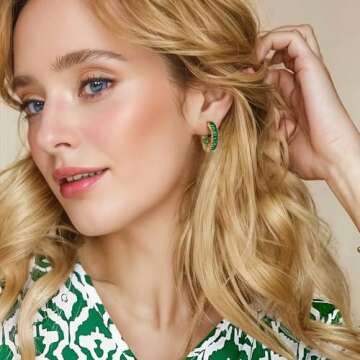GLOQUAT CZ Gold Green Hoop Earrings 14K Gold Plated Hoop Earrings for Women Vintage Green Cubic Zirconia Hoop Earrings for Green Festival Baguette Earrings Fashion Round Circle Hoops for Women 25mm