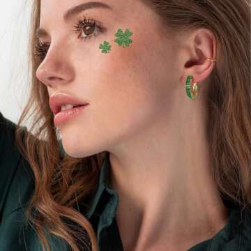 GLOQUAT CZ Gold Green Hoop Earrings 14K Gold Plated Hoop Earrings for Women Vintage Green Cubic Zirconia Hoop Earrings for Green Festival Baguette Earrings Fashion Round Circle Hoops for Women 25mm