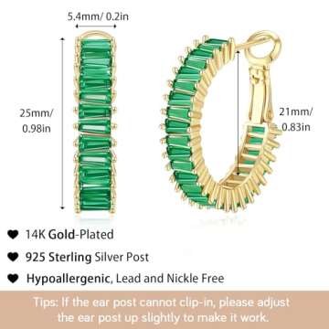 GLOQUAT CZ Gold Green Hoop Earrings 14K Gold Plated Hoop Earrings for Women Vintage Green Cubic Zirconia Hoop Earrings for Green Festival Baguette Earrings Fashion Round Circle Hoops for Women 25mm