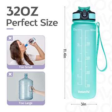 Venture Pal 32 oz Sports Water Bottle with Time Marker, Carry Strap and Cleaning Brush - BPA Free, Leak Proof, Wide Mouth - Perfect for Fitness and Outdoor Activities
