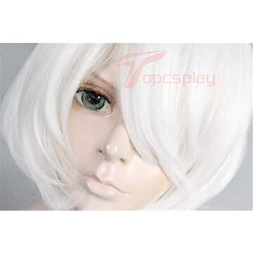 Topcosplay Women Wigs Short White Bob Wig with Bangs Halloween Costume Cosplay Wig