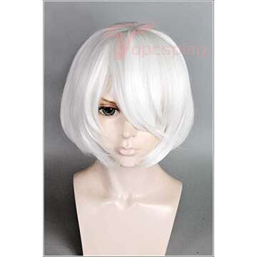 Topcosplay Women Wigs Short White Bob Wig with Bangs Halloween Costume Cosplay Wig