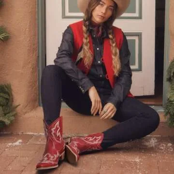 Pasuot Cowboy Boots for Women-Red Cowgirl Western Style, Pointed Toe With Chunky Heel, Wide Calf and Short Rubber Pull On Tabs, Classic Embroidered Stitching Design, Fashion Booties for Girls Ladies