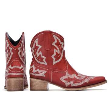 Pasuot Cowboy Boots for Women-Red Cowgirl Western Style, Pointed Toe With Chunky Heel, Wide Calf and Short Rubber Pull On Tabs, Classic Embroidered Stitching Design, Fashion Booties for Girls Ladies