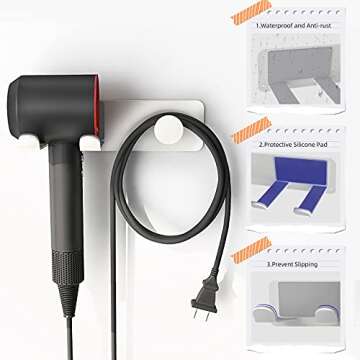 FLE Hair Dryer Holder Wall Mounted, Stainless Steel Self Adhesive Blow Dryer Holder Rack for Dyson Supersonic Hair Dryer,White