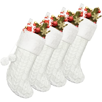 Senneny Cable Knit Christmas Stockings- 4 Pack 21 Inch Knitted Xmas Stockings with Plush Faux Fur Cu...