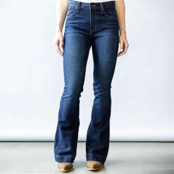 Kimes Ranch Women's Jennifer Ultra-High Rise Wide Flare Dark Wash Blue Jeans, 0-36
