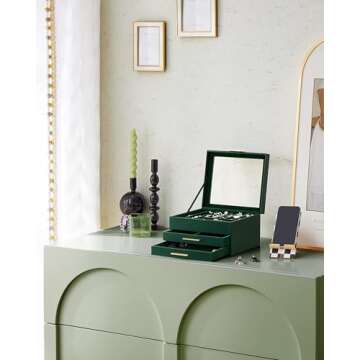 SONGMICS Jewelry Box with Glass Lid, 3-Layer Jewelry Organizer, 2 Drawers, for Big and Small Jewelry...