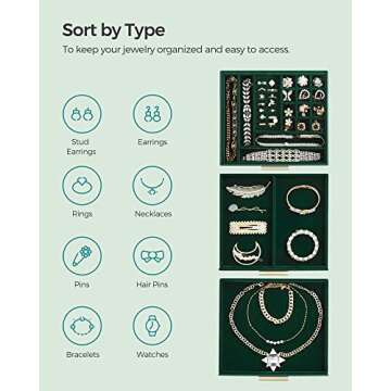 SONGMICS Jewelry Box with Glass Lid, 3-Layer Jewelry Organizer, 2 Drawers, for Big and Small Jewelry, Modern Style, 8 x 9.1 x 5.3 Inches, Valentine's Day Gift, Forest Green and Gold Color UJBC239C01