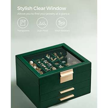 SONGMICS Jewelry Box with Glass Lid, 3-Layer Jewelry Organizer, 2 Drawers, for Big and Small Jewelry, Modern Style, 8 x 9.1 x 5.3 Inches, Valentine's Day Gift, Forest Green and Gold Color UJBC239C01