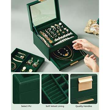 SONGMICS Jewelry Box with Glass Lid, 3-Layer Jewelry Organizer, 2 Drawers, for Big and Small Jewelry, Modern Style, 8 x 9.1 x 5.3 Inches, Valentine's Day Gift, Forest Green and Gold Color UJBC239C01