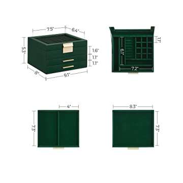 SONGMICS Jewelry Box with Glass Lid, 3-Layer Jewelry Organizer, 2 Drawers, for Big and Small Jewelry, Modern Style, 8 x 9.1 x 5.3 Inches, Valentine's Day Gift, Forest Green and Gold Color UJBC239C01