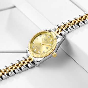 Szaikyri Classic Watch for Women with Solid Stainless Steel Band Ladies Dress Watch Womens Calendar Watch (Silver Gold)