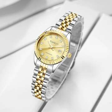 Szaikyri Classic Watch for Women with Solid Stainless Steel Band Ladies Dress Watch Womens Calendar Watch (Silver Gold)