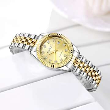Szaikyri Classic Watch for Women with Solid Stainless Steel Band Ladies Dress Watch Womens Calendar Watch (Silver Gold)