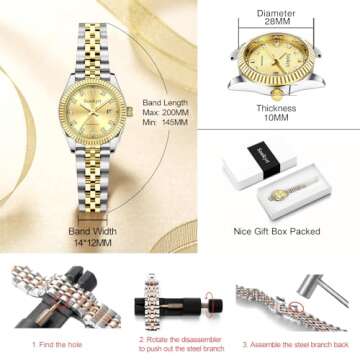 Szaikyri Classic Watch for Women with Solid Stainless Steel Band Ladies Dress Watch Womens Calendar Watch (Silver Gold)