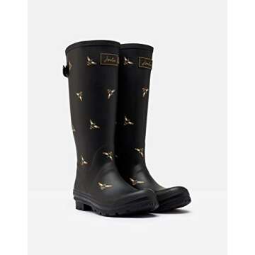Joules Women's Rain Boot, Black Metallic Bees, 9