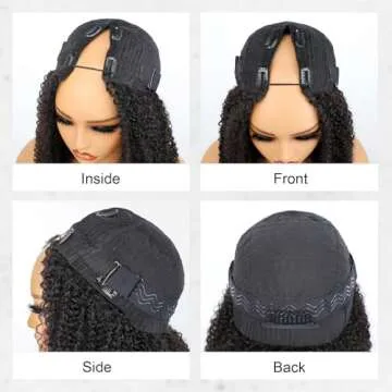ISEE V Part Wig Human Hair Afro Curly Minimal/No Leave Out Upgrade U Part Wig for Black Women Human Hair V Shape Wig Kinky Curly Thin Part Glueless Clip In Half Wig 180% Density Natural Color 24 Inch