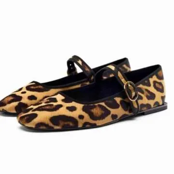 Moyilishan Women's Leopard Print Mary Jane Flats Square Toe Bow Tie Ballet Flats for Women Buckle St...