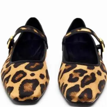 Moyilishan Women's Leopard Print Mary Jane Flats Square Toe Bow Tie Ballet Flats for Women Buckle Strap Comfortable Ballerina Shoes