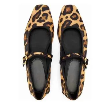 Moyilishan Women's Leopard Print Mary Jane Flats Square Toe Bow Tie Ballet Flats for Women Buckle Strap Comfortable Ballerina Shoes