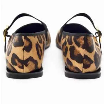 Moyilishan Women's Leopard Print Mary Jane Flats Square Toe Bow Tie Ballet Flats for Women Buckle Strap Comfortable Ballerina Shoes