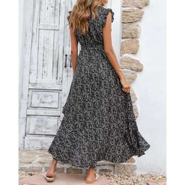 BTFBM Summer Floral Maxi Dress for Women 2025 Vacation Ruffle Sleeve V Neck Belt Wrap Spring Beach W...