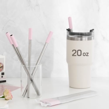 Heart Shaped Stainless Steel Straws with Pink Tips Set of 4