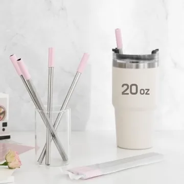 Heart Shaped Stainless Steel Straws with Pink Tips Set of 4