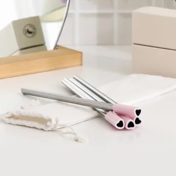 Heart Shaped Stainless Steel Straws with Pink Tips Set of 4