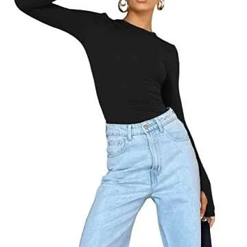 Y2K Long Sleeve Top for Women Fairy Grunge Tee Shirt Fashion Solid Slim Fit Blouse Tops(ZZ-Black tee,S)