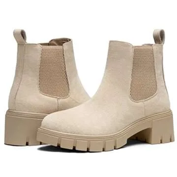 Vepose Women's Nude Chelsea Ankle Boots Platform Elastic Slip on 936 Booties with Low Lug Sole Chunky Block Heel Size 9 (CJY936 Nude 09)
