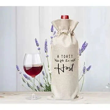 A Toast For The Host Wine Bag, Gift for Bridal Shower Housewarming Party, Gifts for Holiday Hostess Women Wedding Girls Night ，Burlap Bag – 1 Pc(host 002)