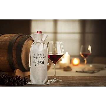 A Toast For The Host Wine Bag, Gift for Bridal Shower Housewarming Party, Gifts for Holiday Hostess Women Wedding Girls Night ，Burlap Bag – 1 Pc(host 002)